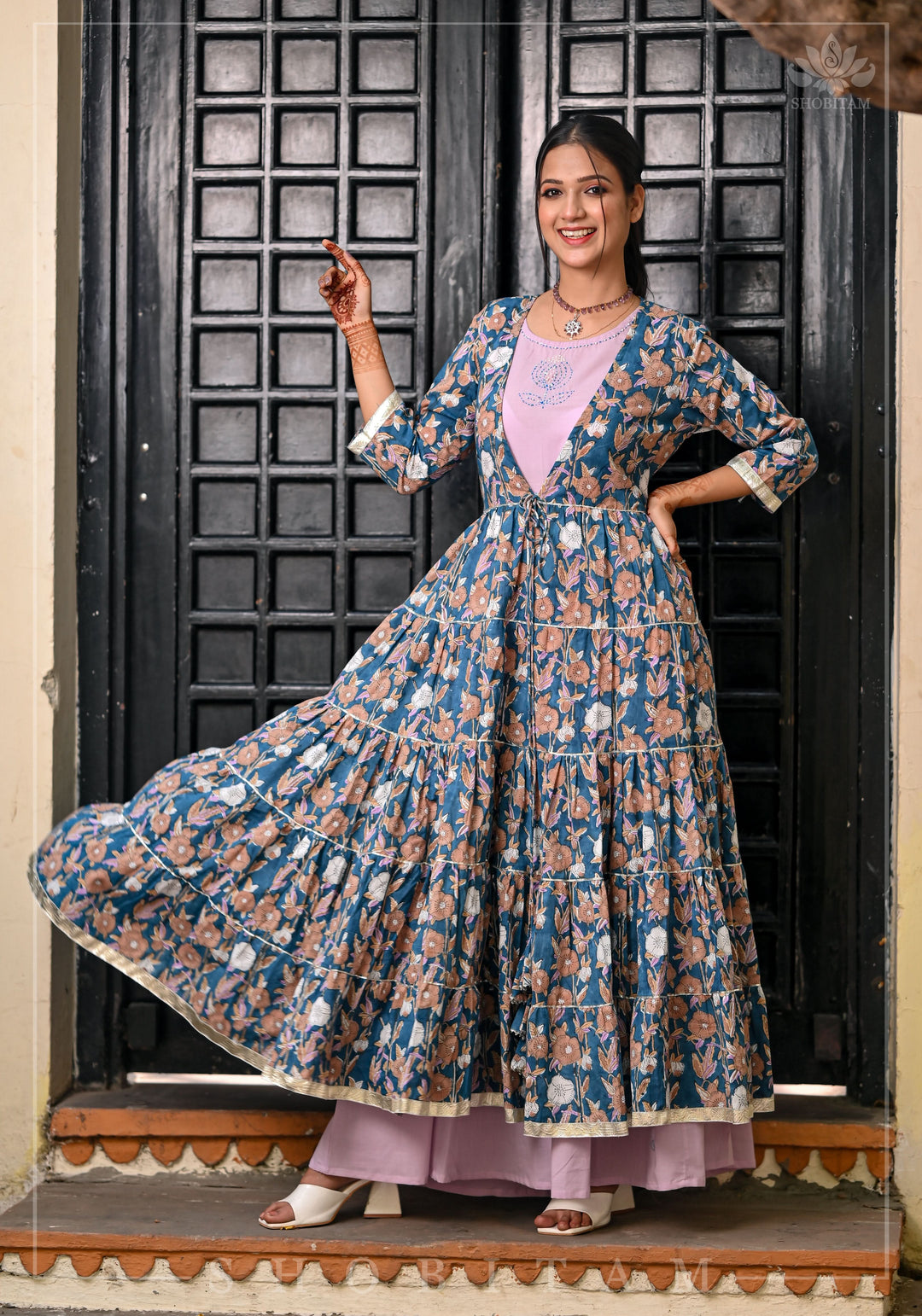 Heather Blue and Dusty Mauve Block Print Layered Cotton Dress  | Shobitam Made To Order