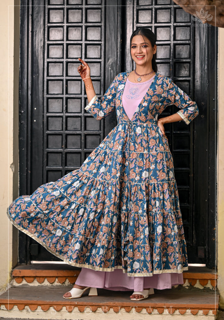 Heather Blue and Dusty Mauve Block Print Layered Cotton Dress  | Shobitam Made To Order