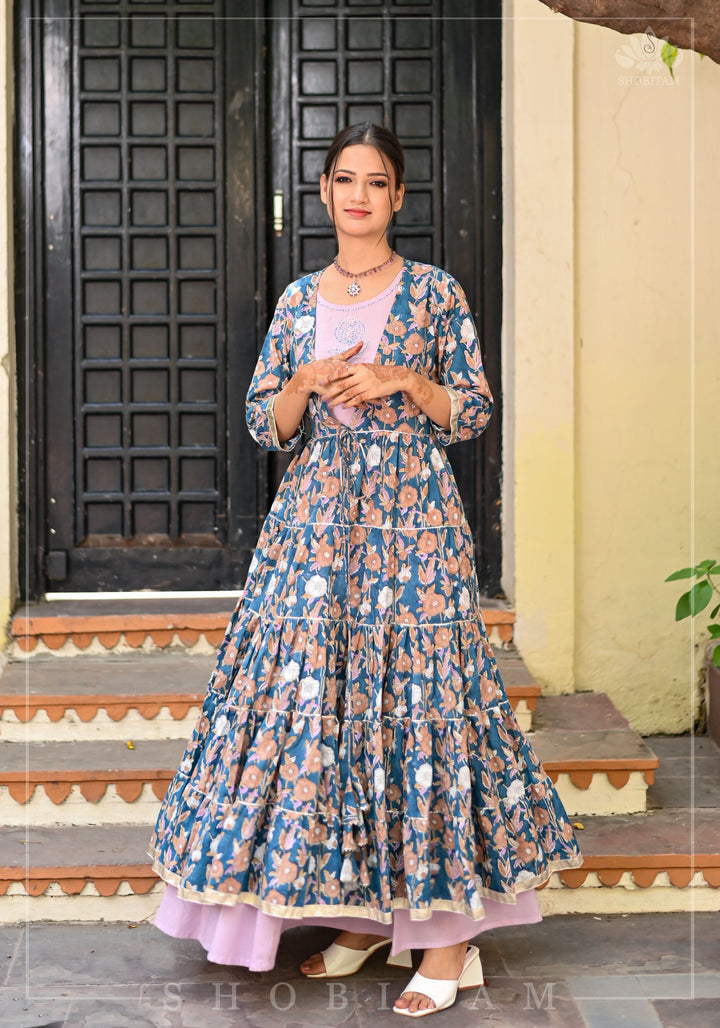 Heather Blue and Dusty Mauve Block Print Layered Cotton Dress  | Shobitam Made To Order