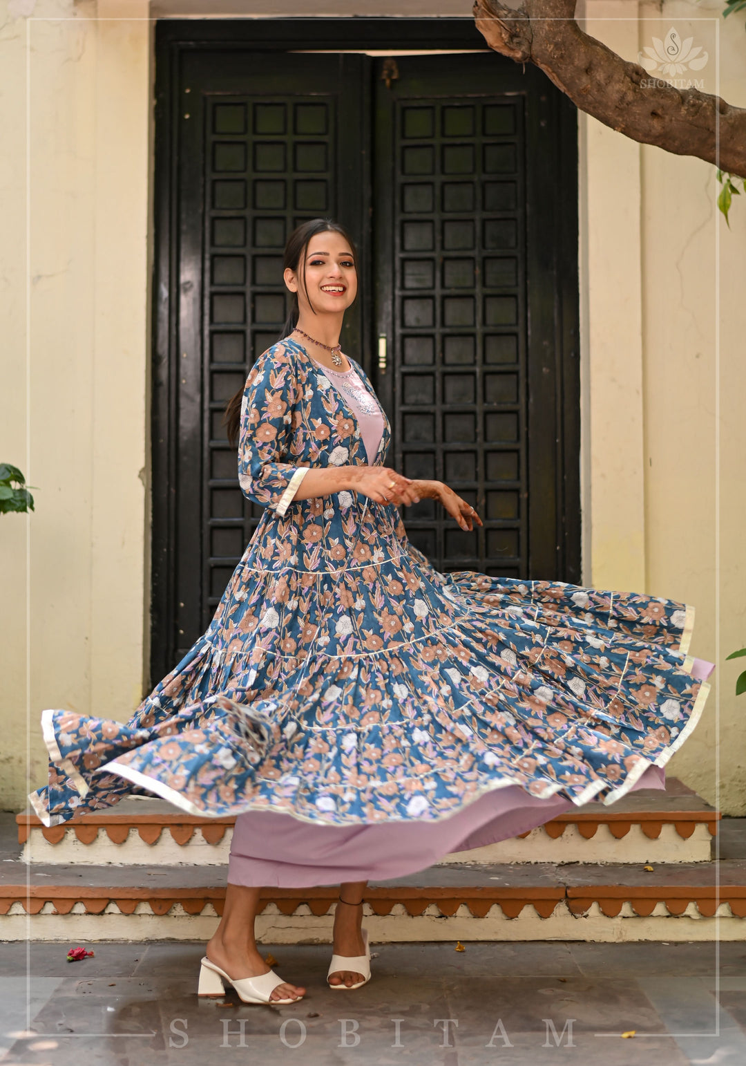 Heather Blue and Dusty Mauve Block Print Layered Cotton Dress  | Shobitam Made To Order