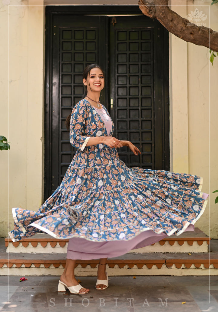 Heather Blue and Dusty Mauve Block Print Layered Cotton Dress  | Shobitam Made To Order