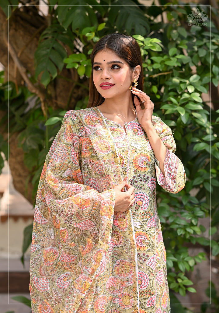 Pastel Olive and Pink Marigold | Florals Hand Block Print | Shobitam Made to Order