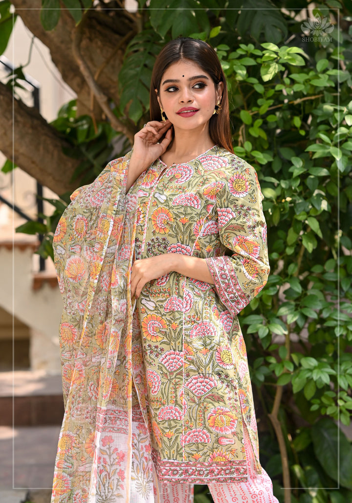 Pastel Olive and Pink Marigold | Florals Hand Block Print | Shobitam Made to Order