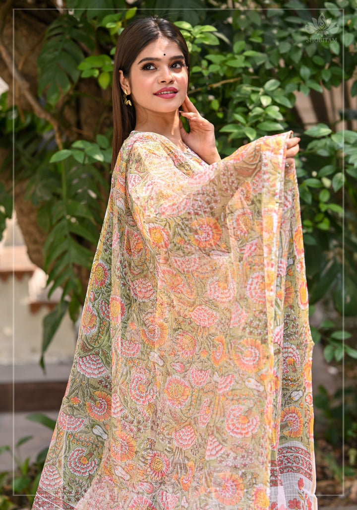 Pastel Olive and Pink Marigold | Florals Hand Block Print | Shobitam Made to Order