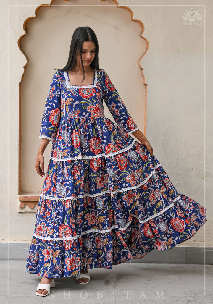 Mediterranean Tiered long Dress with 8 meter flare | Shobitam Made to Order