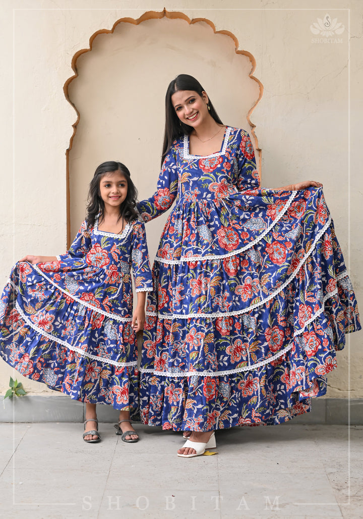 Mediterranean Blue Tiered Long Dress  For Kid Girl | Shobitam Made to Order