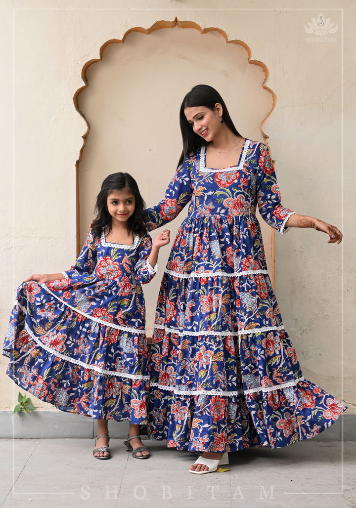 Mediterranean Blue Tiered Long Dress  For Kid Girl | Shobitam Made to Order