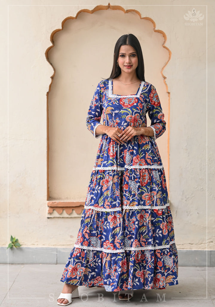 Mediterranean Tiered long Dress with 8 meter flare | Shobitam Made to Order