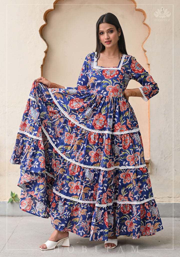 Mediterranean Tiered long Dress with 8 meter flare | Shobitam Made to Order