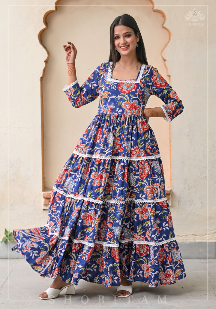 Mediterranean Tiered long Dress with 8 meter flare | Shobitam Made to Order