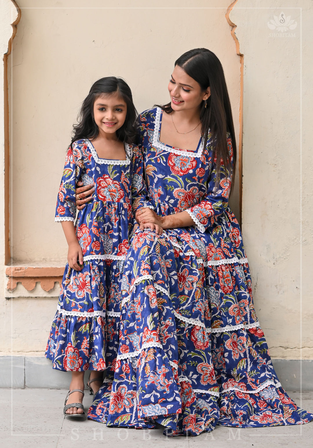 Mediterranean Blue Tiered Long Dress  For Kid Girl | Shobitam Made to Order