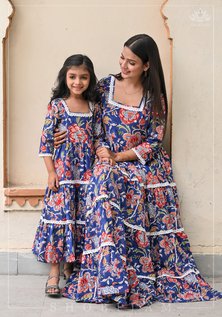 Mediterranean Blue Tiered Long Dress  For Kid Girl | Shobitam Made to Order