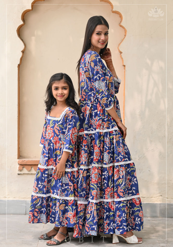 Mediterranean Blue Tiered Long Dress  For Kid Girl | Shobitam Made to Order