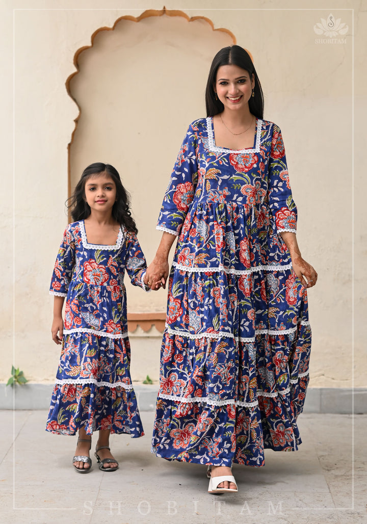 Mediterranean Blue Tiered Long Dress  For Kid Girl | Shobitam Made to Order