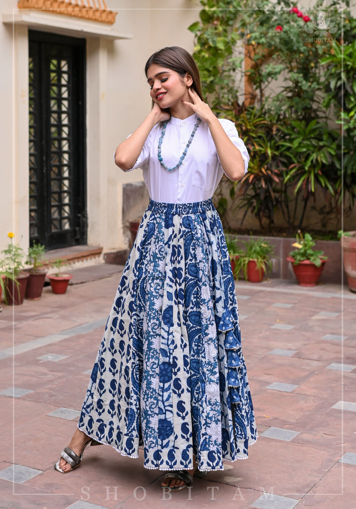 Indigo kalidaar cotton skirt | hand blockprint | Shobitam Made To Order