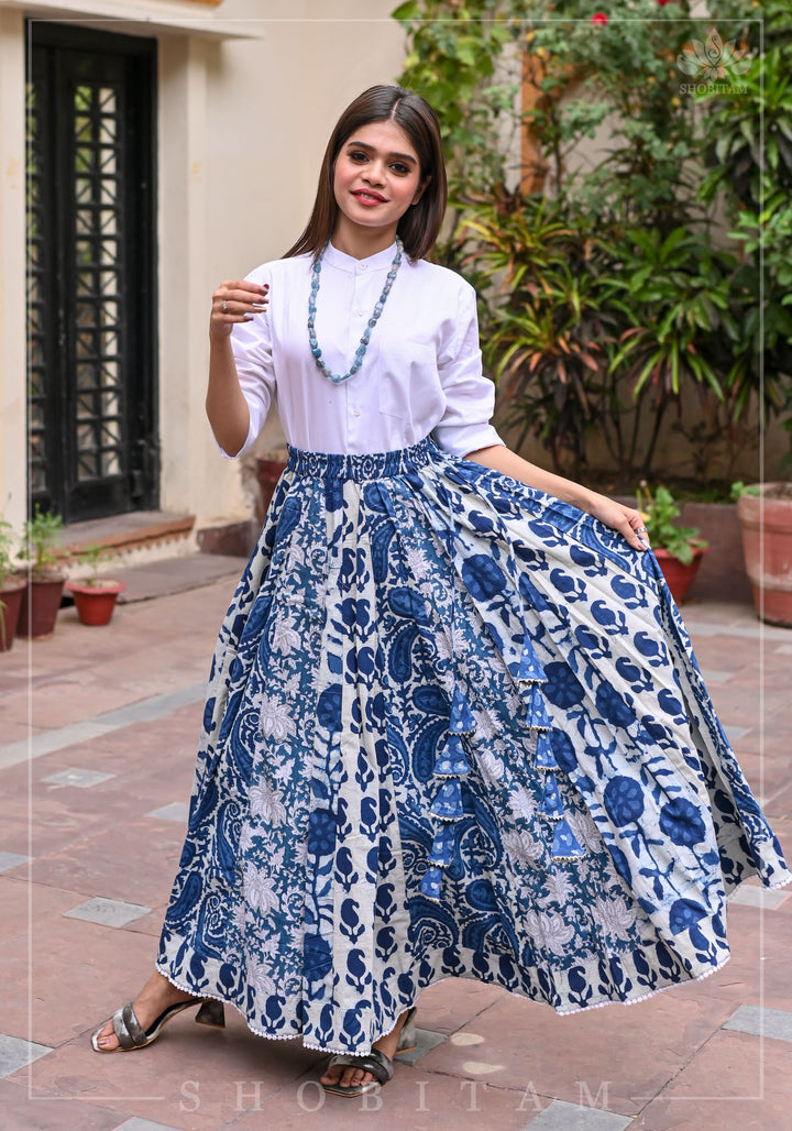 Indigo kalidaar cotton skirt | hand blockprint | Shobitam Made To Order
