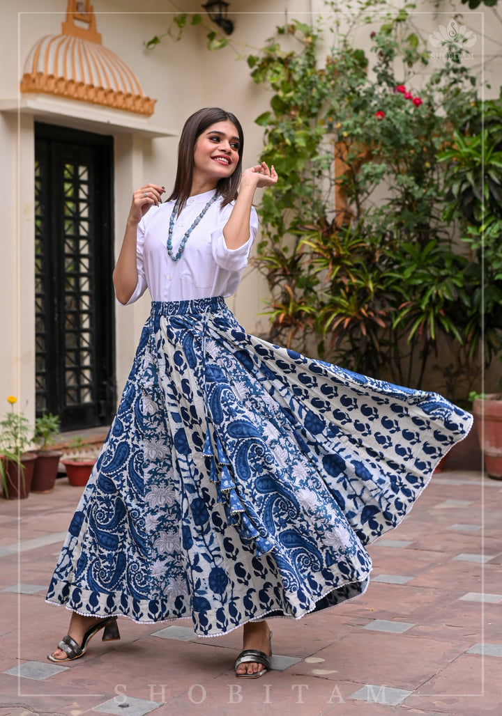 Indigo kalidaar cotton skirt | hand blockprint | Shobitam Made To Order