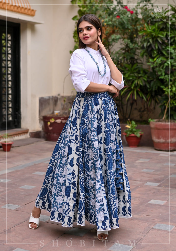 Indigo kalidaar cotton skirt | hand blockprint | Shobitam Made To Order
