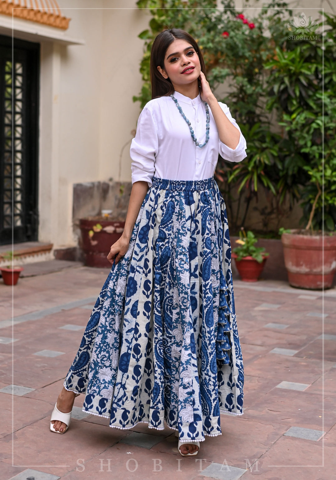 Indigo kalidaar cotton skirt | hand blockprint | Shobitam Made To Order