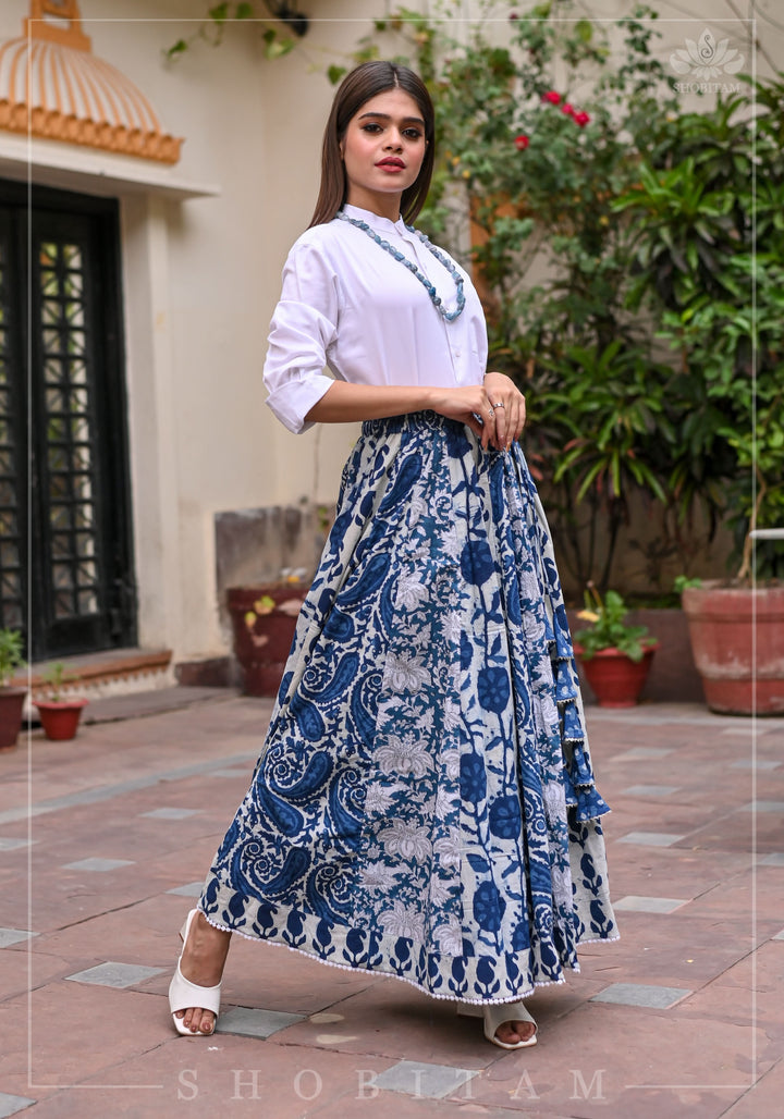 Indigo kalidaar cotton skirt | hand blockprint | Shobitam Made To Order