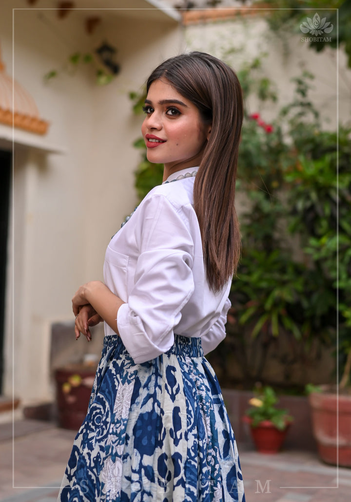 Indigo kalidaar cotton skirt | hand blockprint | Shobitam Made To Order