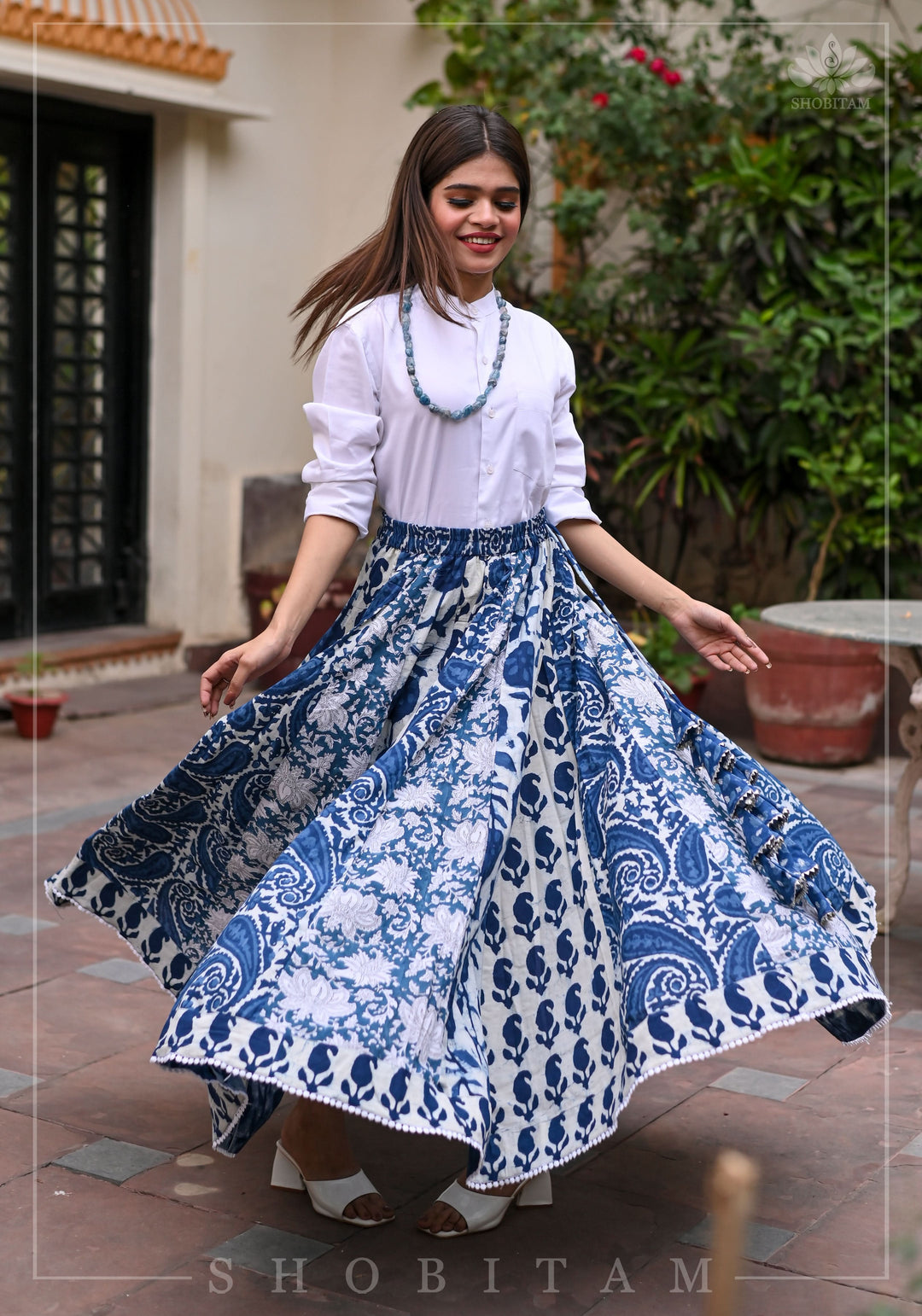 Indigo kalidaar cotton skirt | hand blockprint | Shobitam Made To Order