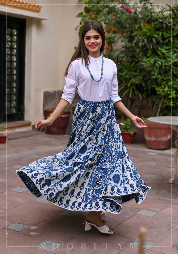 Indigo kalidaar cotton skirt | hand blockprint | Shobitam Made To Order