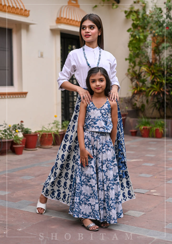 Indigo kalidaar cotton skirt | hand blockprint | Shobitam Made To Order