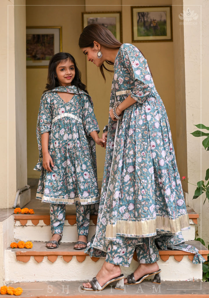 Girl Kid Sage Green Hand Block Printed 3 Piece Anarkali with Gotta Detailing | Shobitam Made To Order