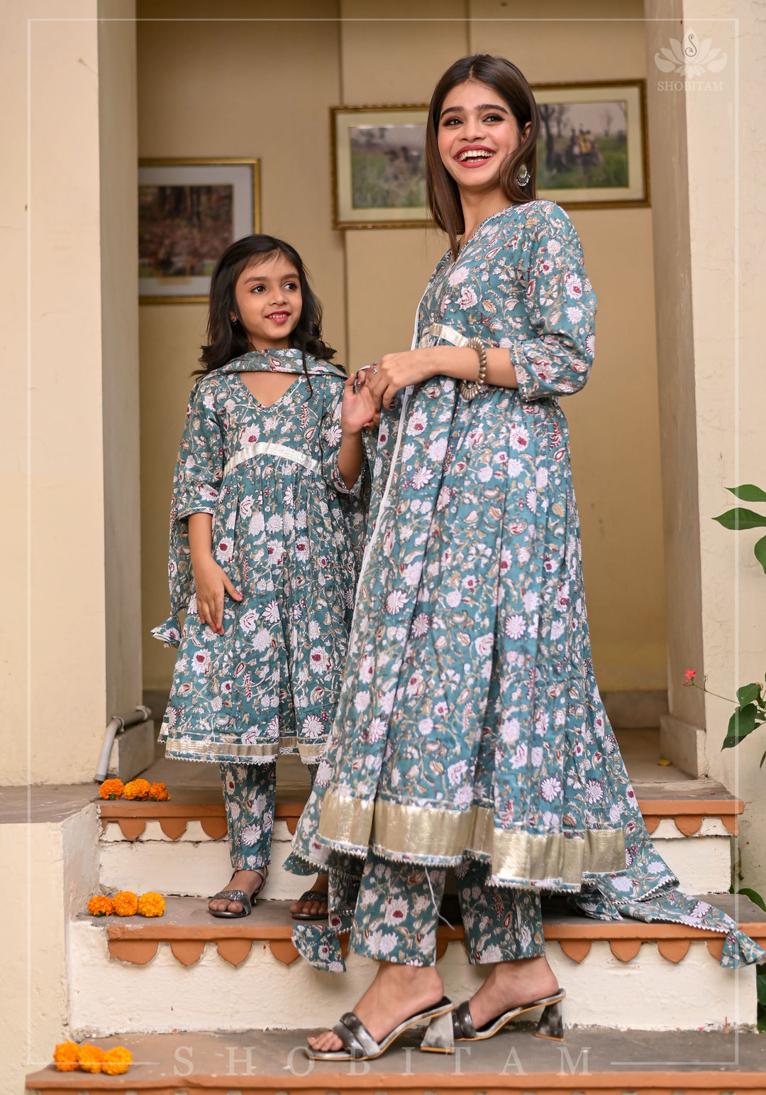 Girl Kid Sage Green Hand Block Printed 3 Piece Anarkali with Gotta Detailing | Shobitam Made To Order
