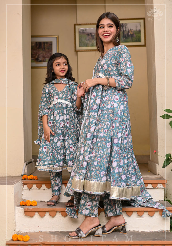 Girl Kid Sage Green Hand Block Printed 3 Piece Anarkali with Gotta Detailing | Shobitam Made To Order