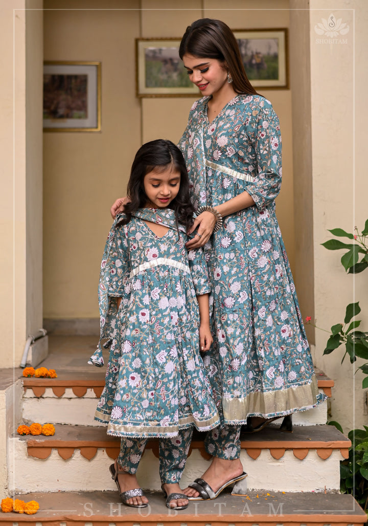 Sage Green Block Print Cotton Anarkali Set with 5 meter flair | Shobitam Made To Order
