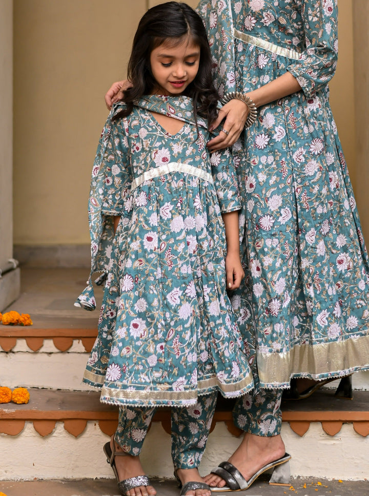 Girl Kid Sage Green Hand Block Printed 3 Piece Anarkali with Gotta Detailing | Shobitam Made To Order