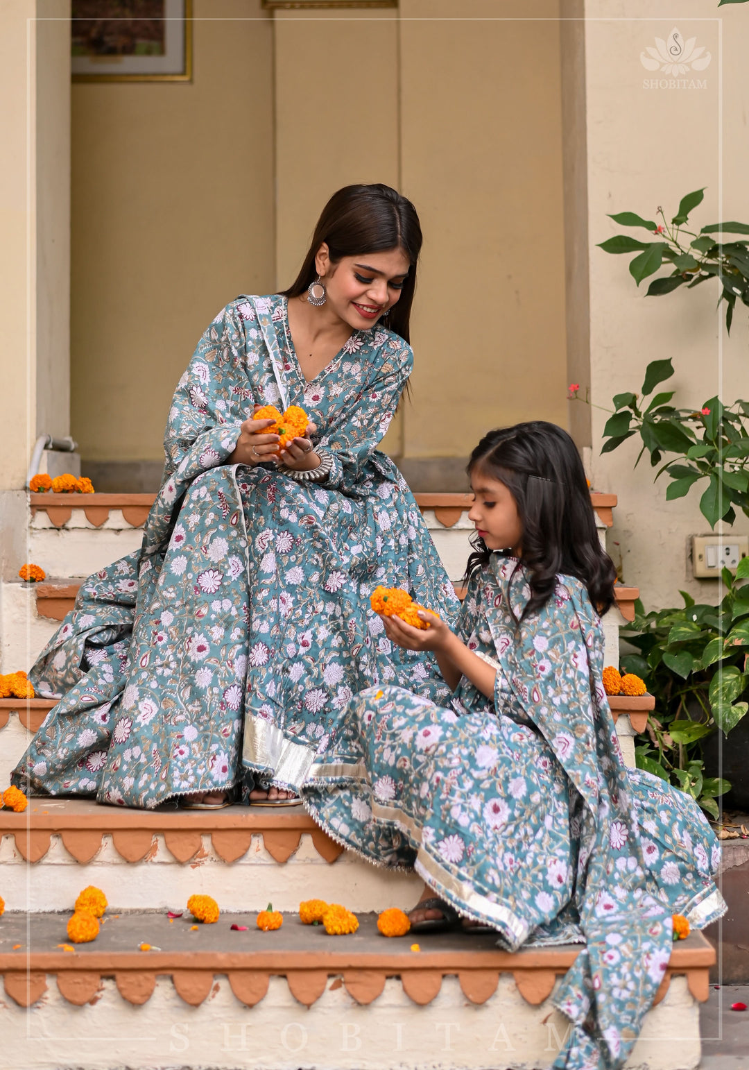 Girl Kid Sage Green Hand Block Printed 3 Piece Anarkali with Gotta Detailing | Shobitam Made To Order