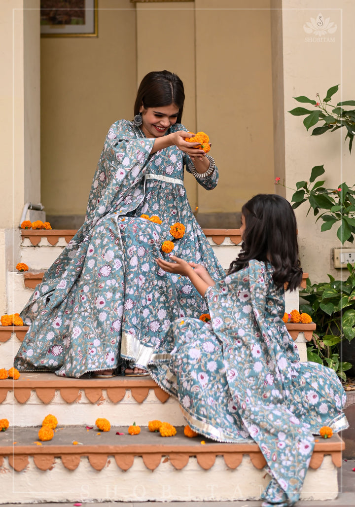 Girl Kid Sage Green Hand Block Printed 3 Piece Anarkali with Gotta Detailing | Shobitam Made To Order