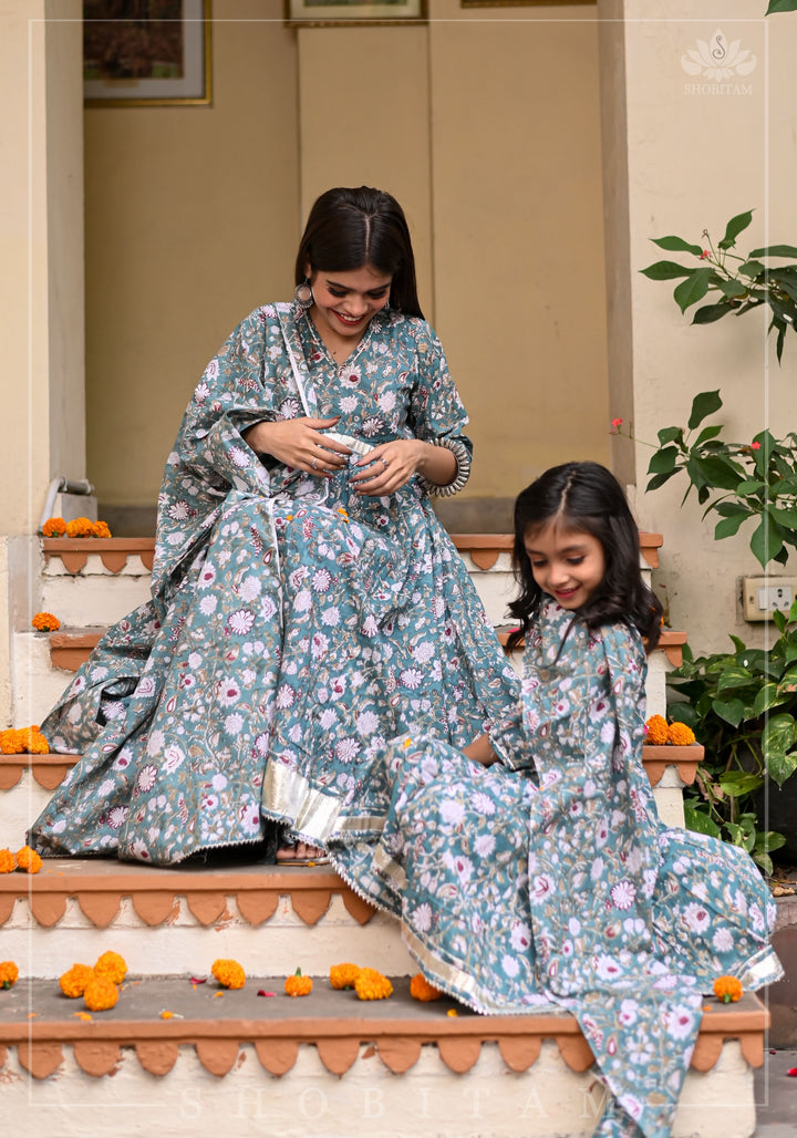 Girl Kid Sage Green Hand Block Printed 3 Piece Anarkali with Gotta Detailing | Shobitam Made To Order