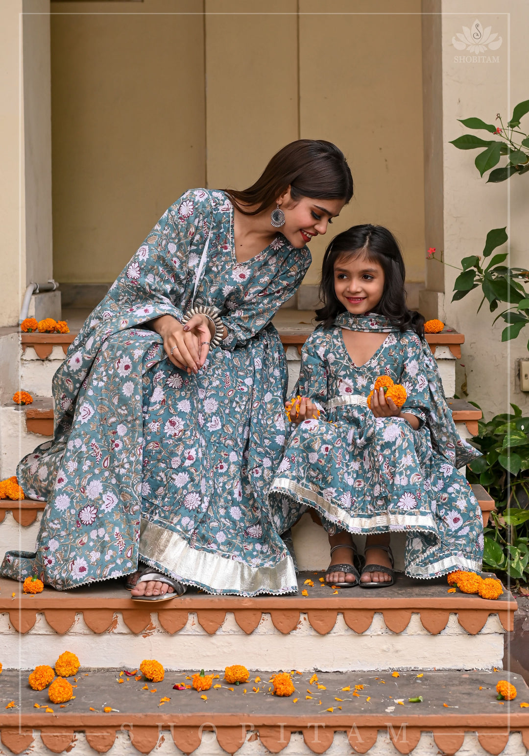 Girl Kid Sage Green Hand Block Printed 3 Piece Anarkali with Gotta Detailing | Shobitam Made To Order