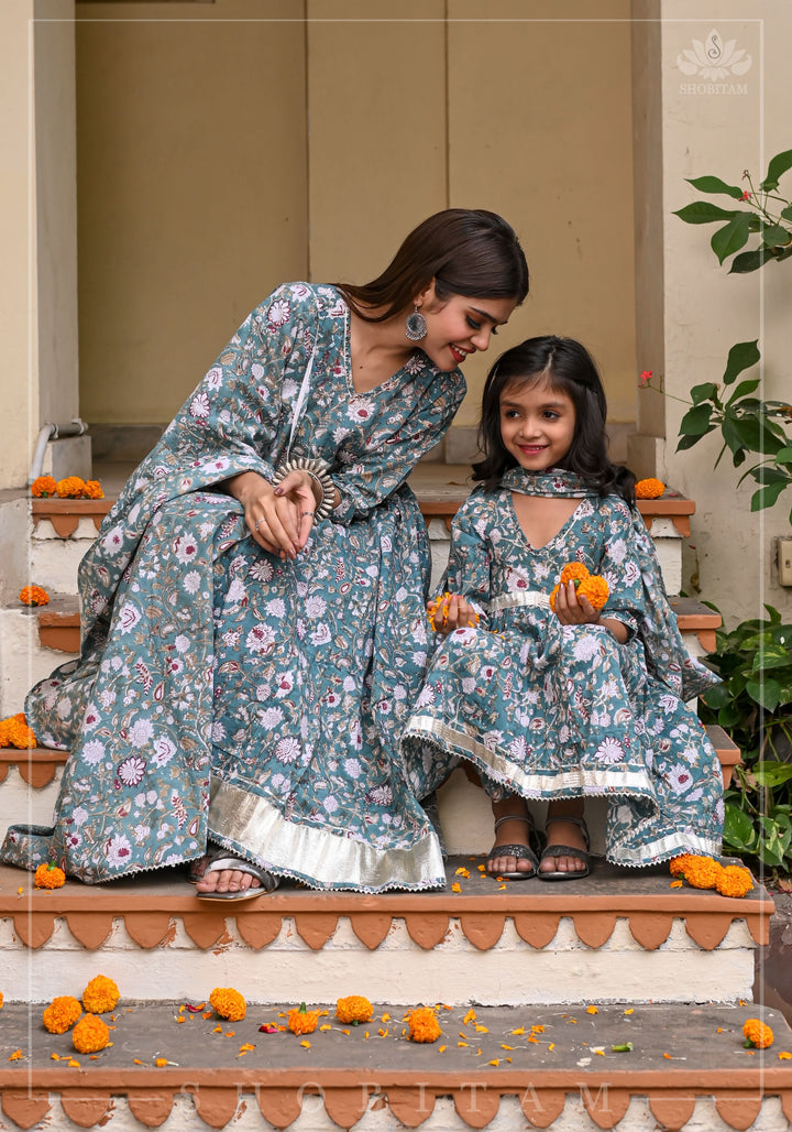 Girl Kid Sage Green Hand Block Printed 3 Piece Anarkali with Gotta Detailing | Shobitam Made To Order