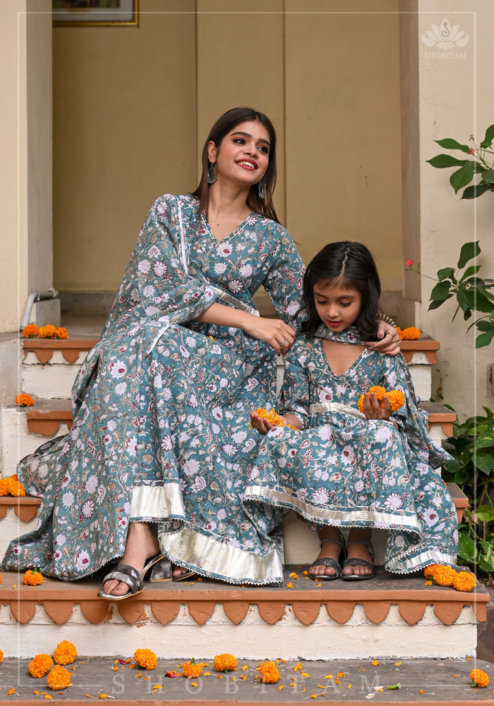 Sage Green Block Print Cotton Anarkali Set with 5 meter flair | Shobitam Made To Order