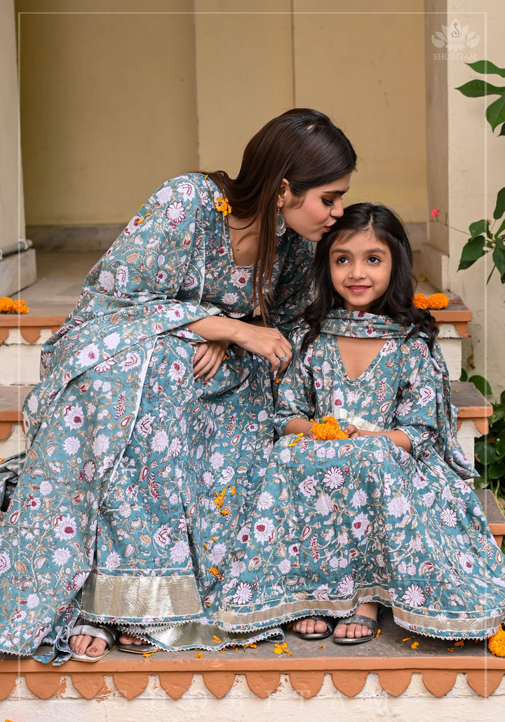 Girl Kid Sage Green Hand Block Printed 3 Piece Anarkali with Gotta Detailing | Shobitam Made To Order