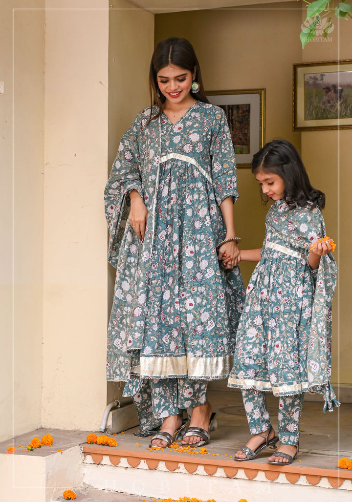 Girl Kid Sage Green Hand Block Printed 3 Piece Anarkali with Gotta Detailing | Shobitam Made To Order