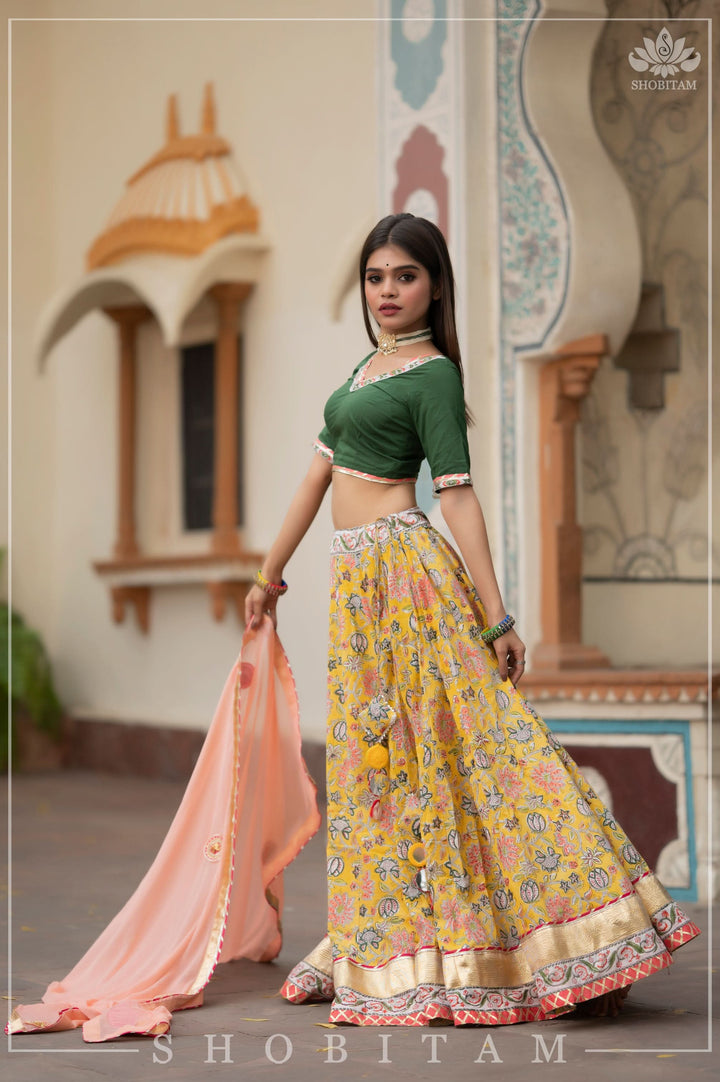 Yellow Marigold 6.5 meter Ghera 3 piece lehenga Set | Shobitam Made To Order