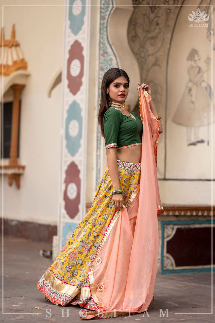 Yellow Marigold 6.5 meter Ghera 3 piece lehenga Set | Shobitam Made To Order