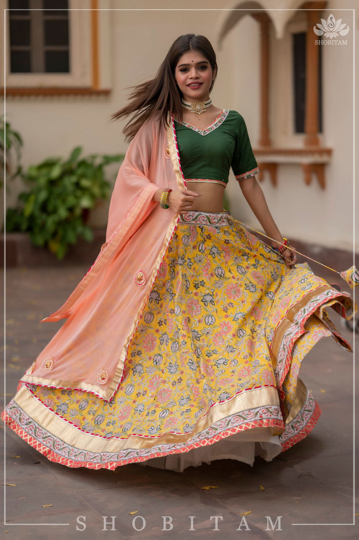 Yellow Marigold 6.5 meter Ghera 3 piece lehenga Set | Shobitam Made To Order