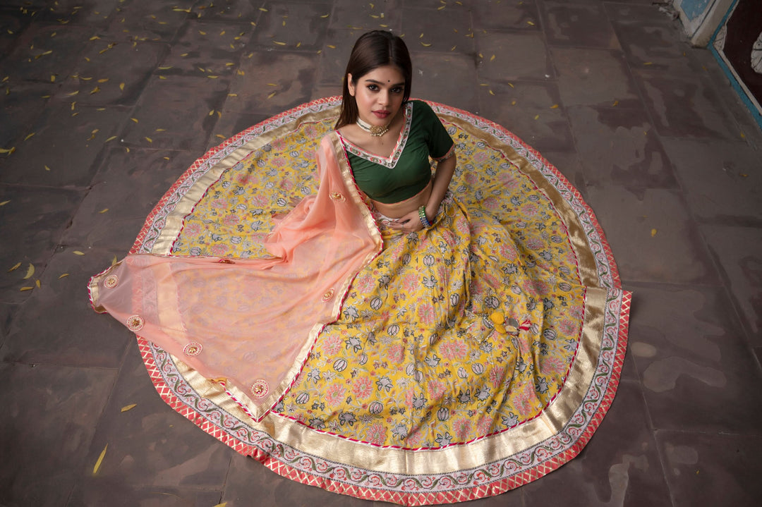 Yellow Marigold 6.5 meter Ghera 3 piece lehenga Set | Shobitam Made To Order