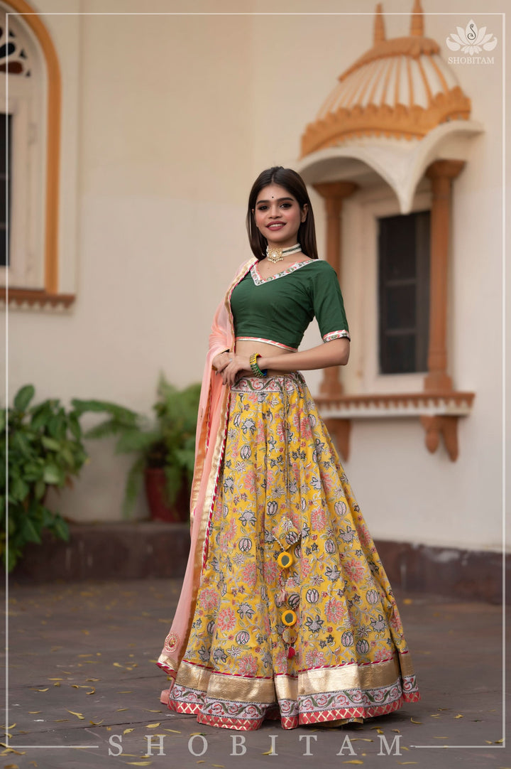 Yellow Marigold 6.5 meter Ghera 3 piece lehenga Set | Shobitam Made To Order