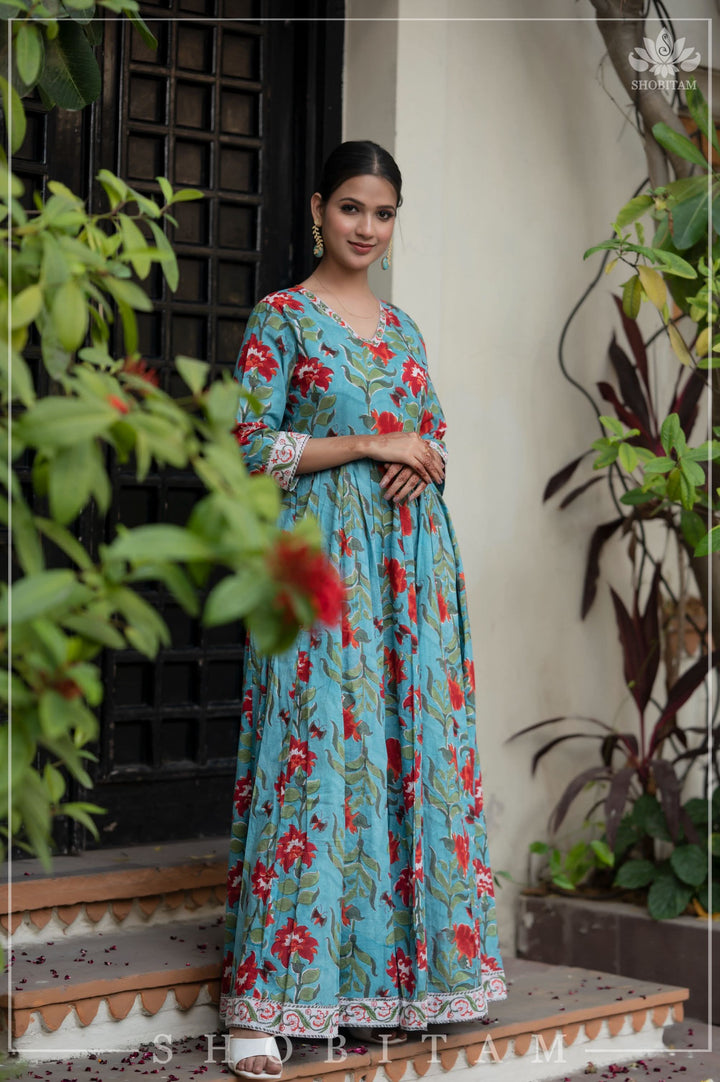 6 Meter Flare Long Dress in Blue and Coral | Shobitam Made To Order