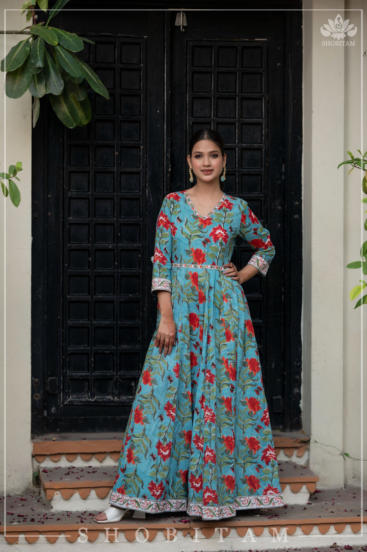 6 Meter Flare Long Dress in Blue and Coral | Shobitam Made To Order