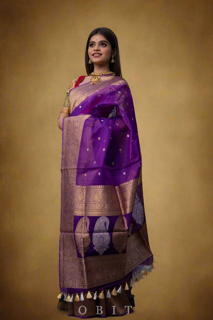 Exquisite Pure Banarasi Kora Silk Saree with Chunri Bootis, Resplendent Grand Pallu and Zar | SILK MARK CERTIFIED