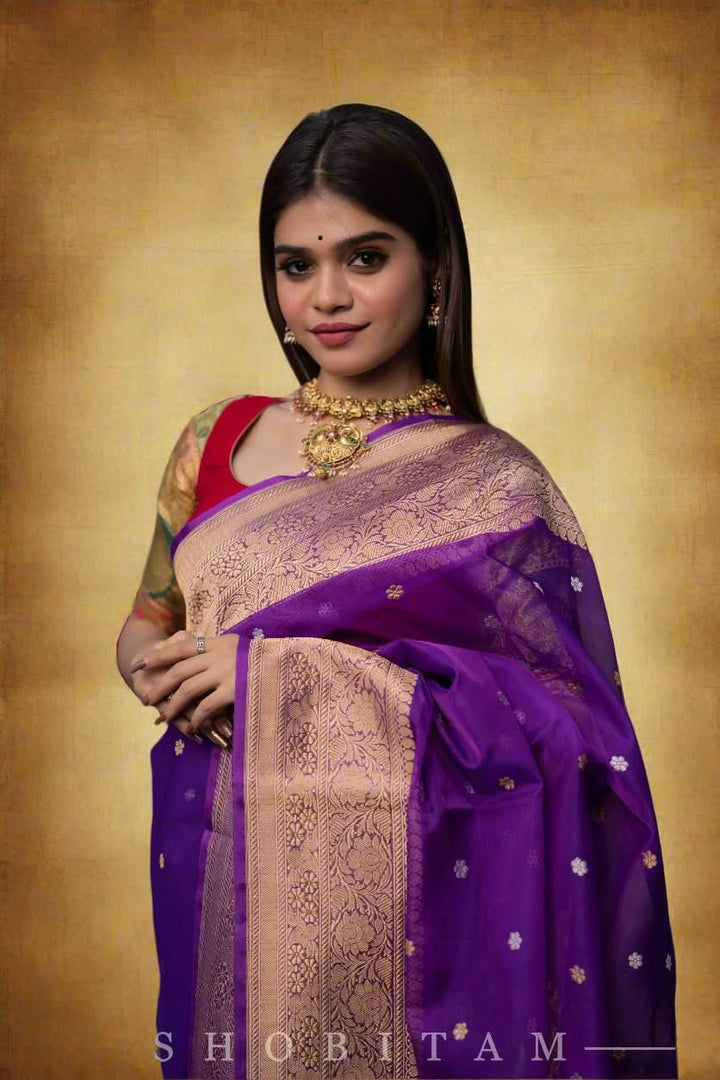 Exquisite Pure Banarasi Kora Silk Saree with Chunri Bootis, Resplendent Grand Pallu and Zar | SILK MARK CERTIFIED